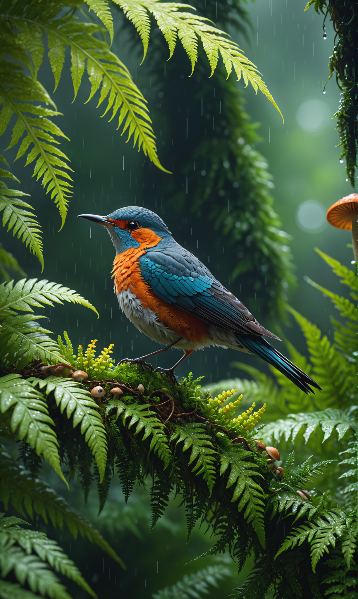 00629-1914989679-A small cuckoo bird perched on top of a tree with beautiful ferns and mushrooms and flowers, on a rainy summer morning, in a tro.png